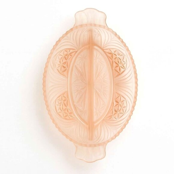 VTG Glass Divided Relish Dish Pink Satin Oval Frosted Starburst Serving Tray - Picture 5 of 13